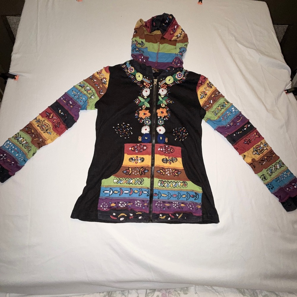 Rising International Patchwork Hoodie WomenSmall Multicolor Excellent Boho Nepal